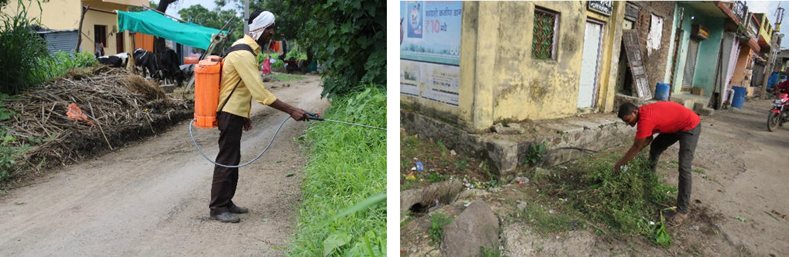 the gram panchayat deployed workers to clean the drains and completed the spray for mosquitos control in a week